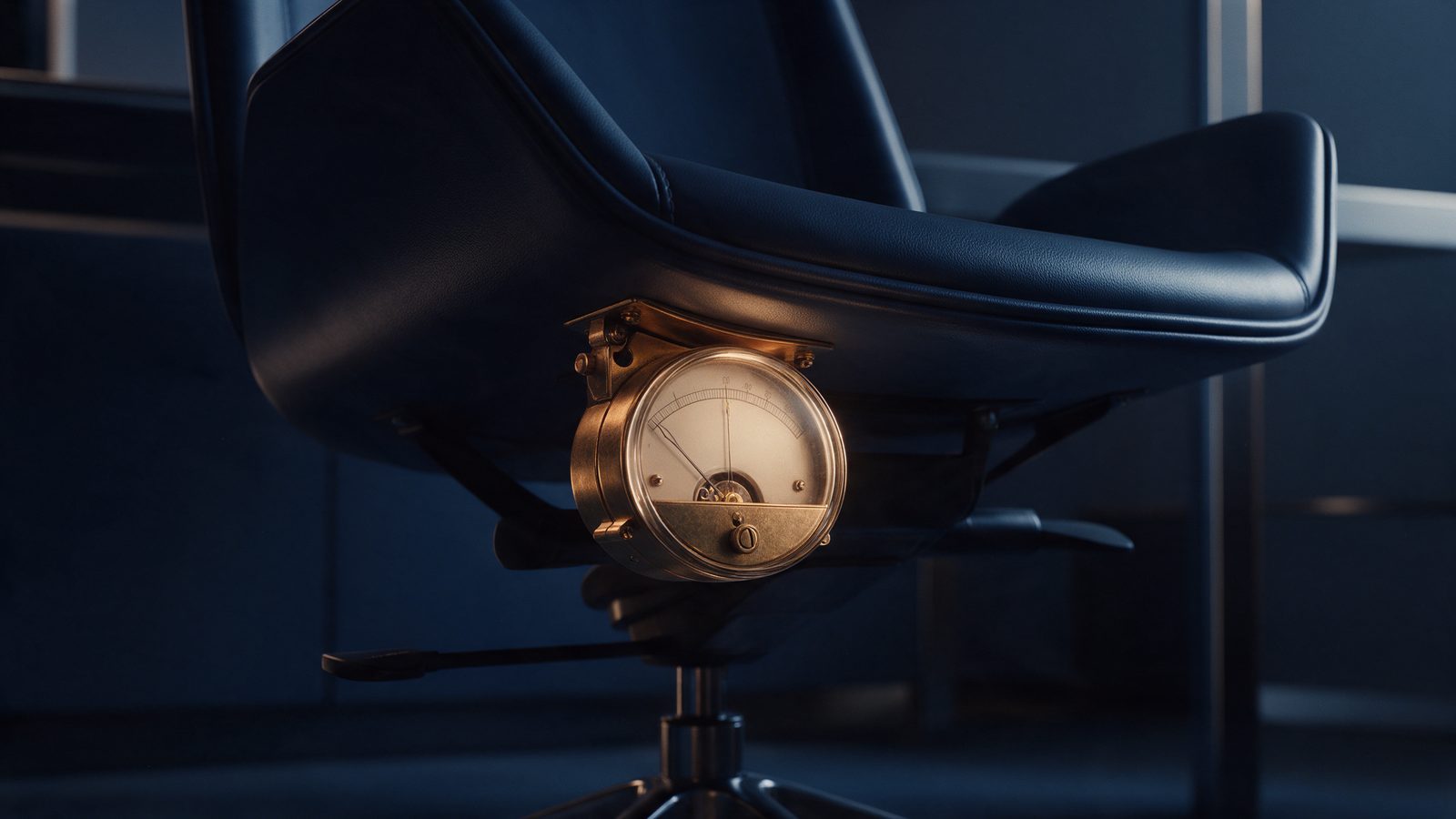 Illustration, AI-generated: a brass utility meter mounted beneath the seat of a navy leather office chair
