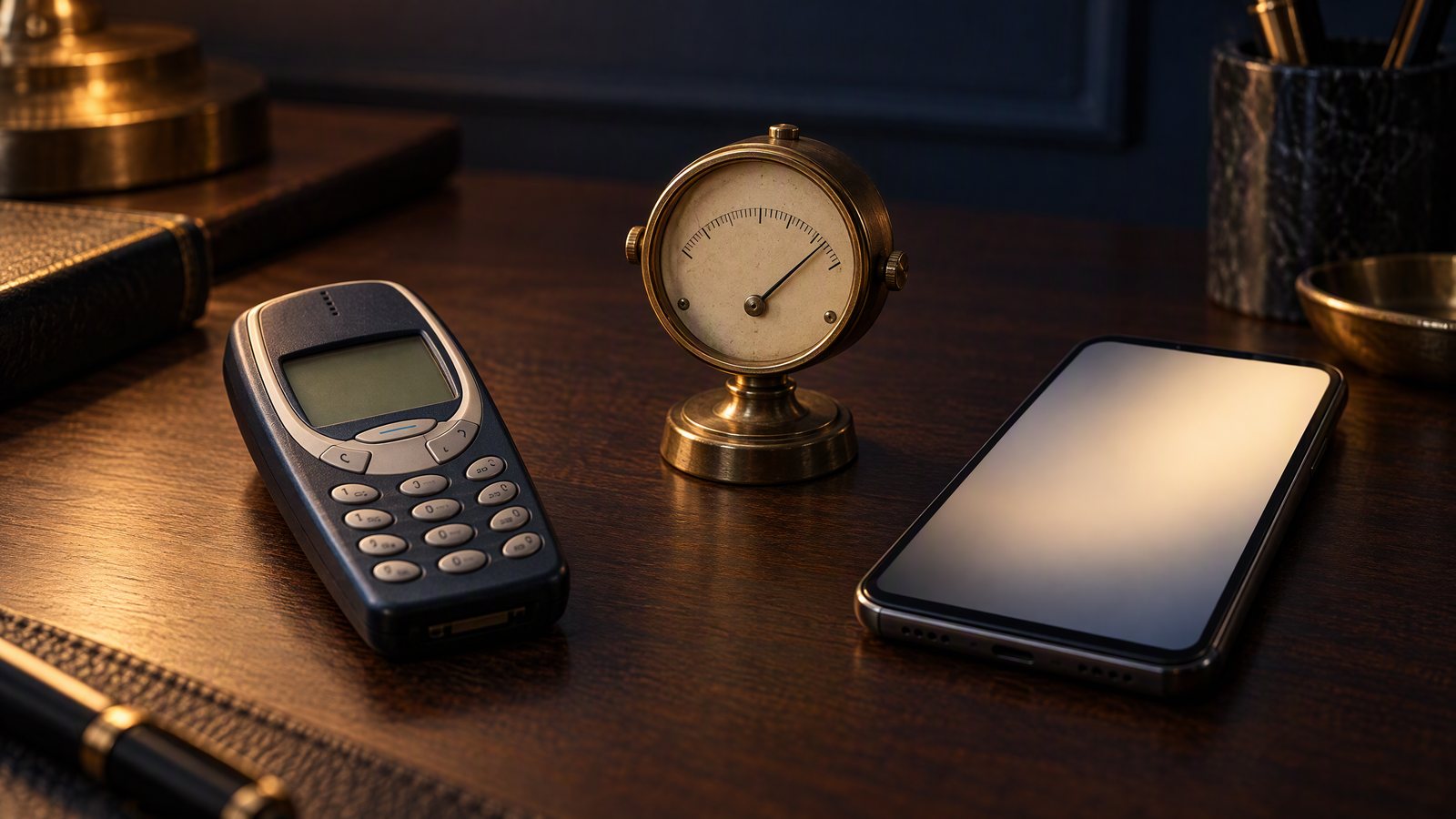 Illustration, AI-generated: an early-2000s mobile phone with a keypad and a modern smartphone on a desk, with a small brass meter standing between them